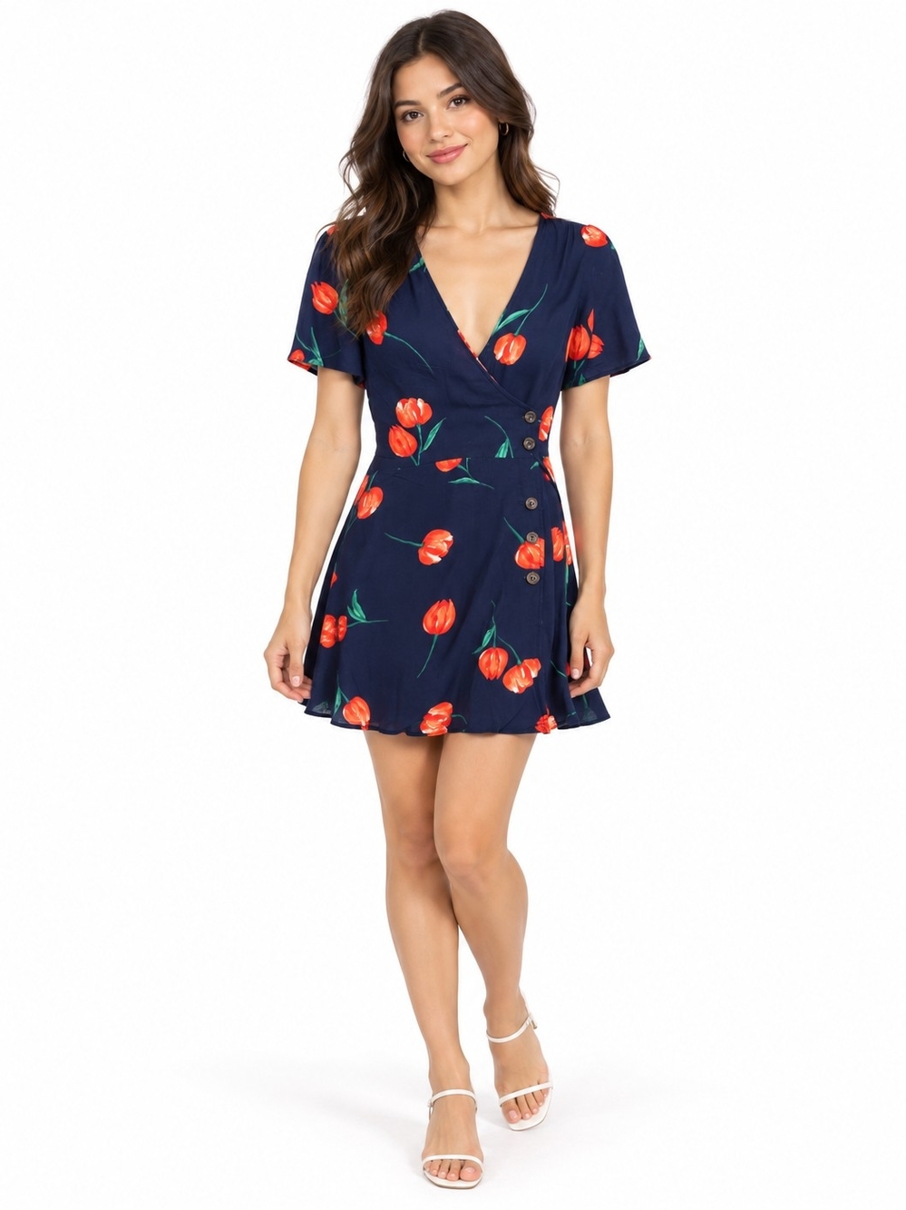 All in Favor Women’s XS Navy Blue Red Tulip Floral Wrap Mini Dress Short Sleeve